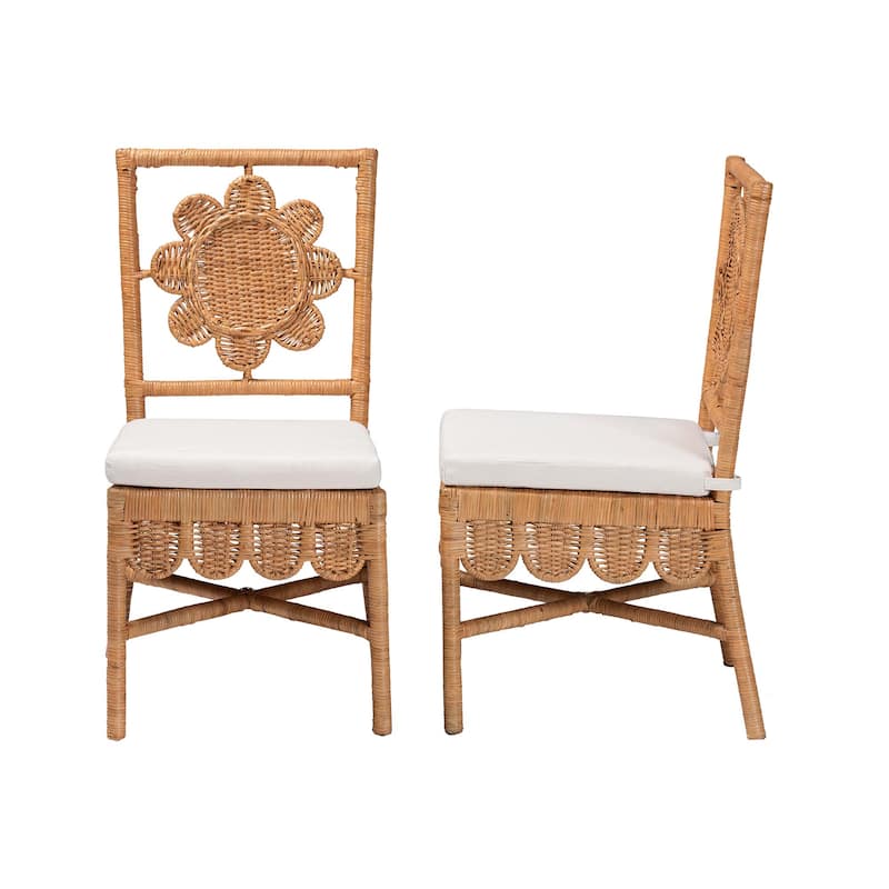Abagale Natural Rattan Dining Chair - Handwoven Wicker Accent Side Chair with Floral Back and Removable Cushion