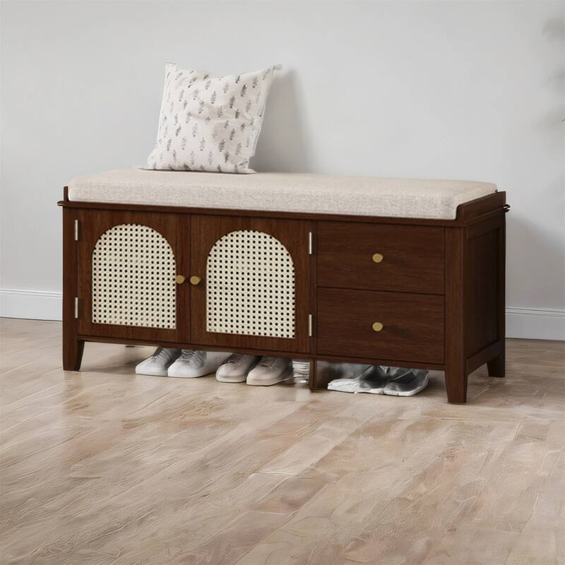 Wood Shoe Storage Bench with Cushion,2 Drawers and 2 Rattan Door