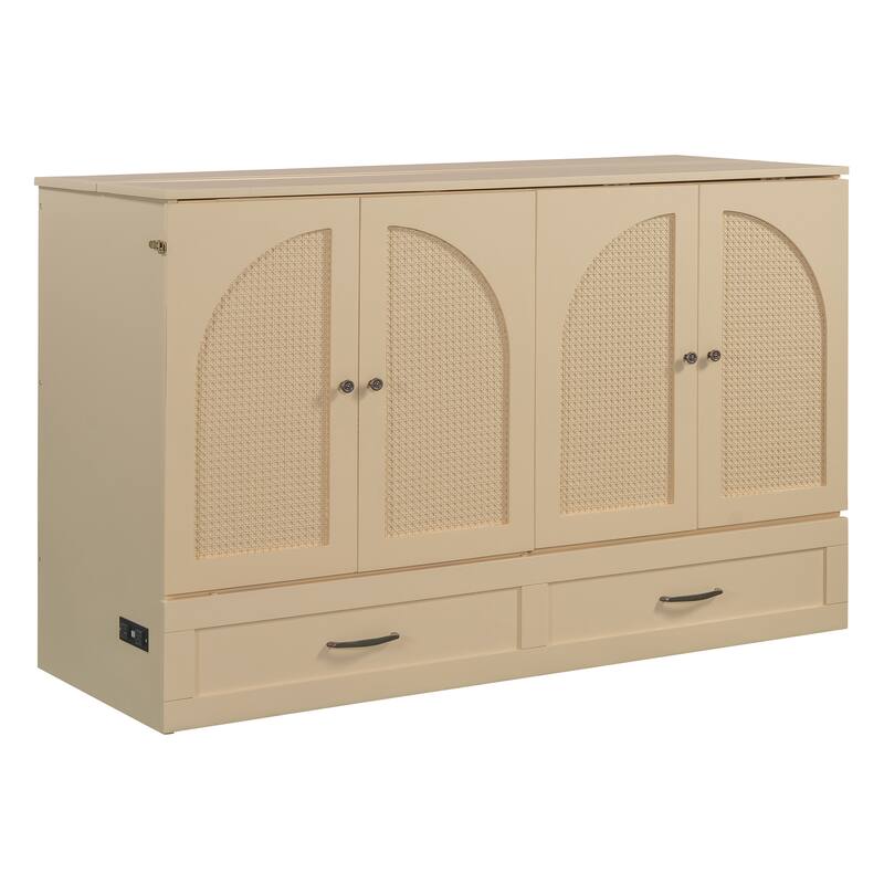 Queen Size Murphy Bed with Large Storage Drawers, USB Charging Port, and Space-Saving Design for Small Rooms