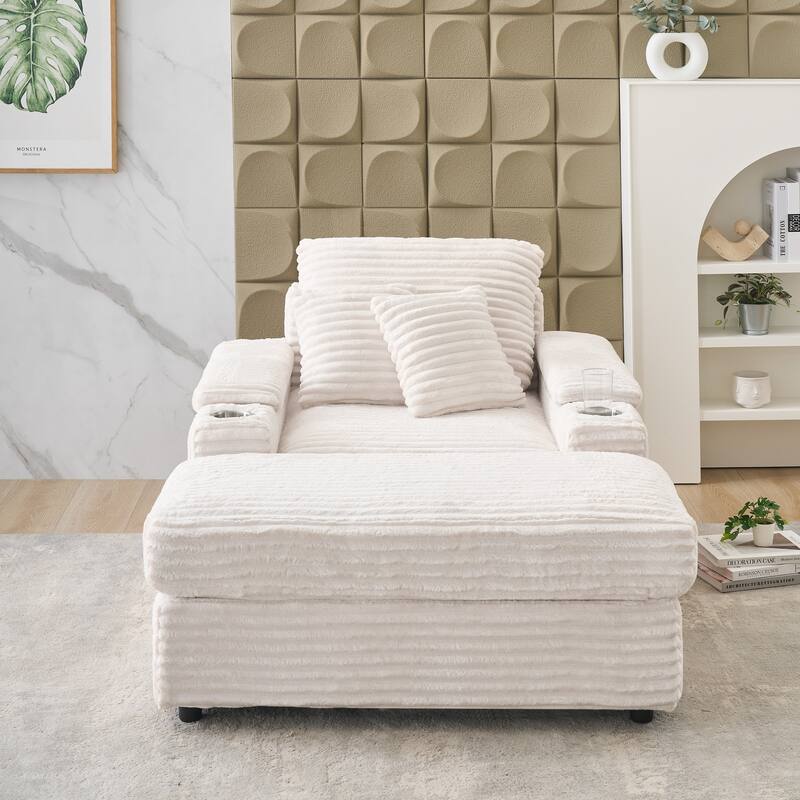 White Corduroy Single Sofa with Pillows and Ottoman