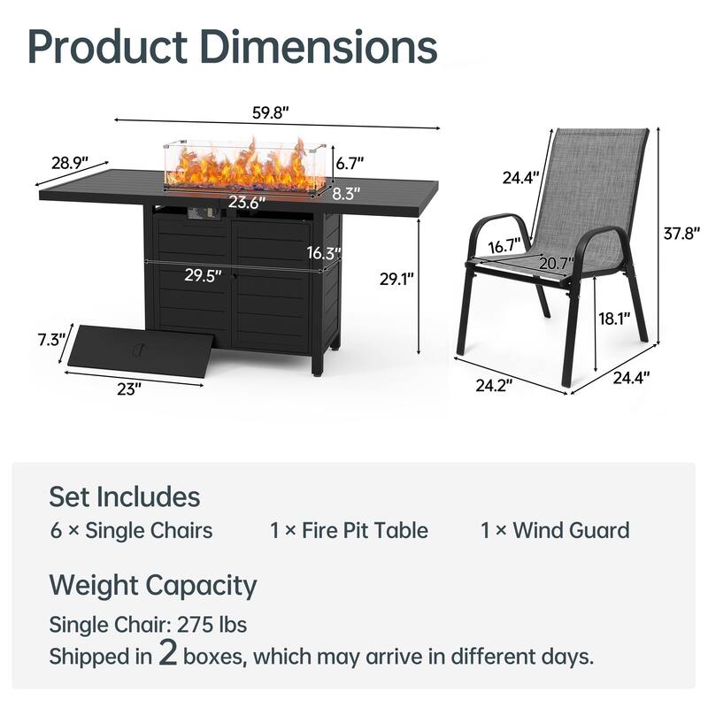 5/7 Pieces Patio Dining Set with Stackable Chairs & Rectangle Fire Table for 4/6 Person, Outdoor Firepit Dining Set