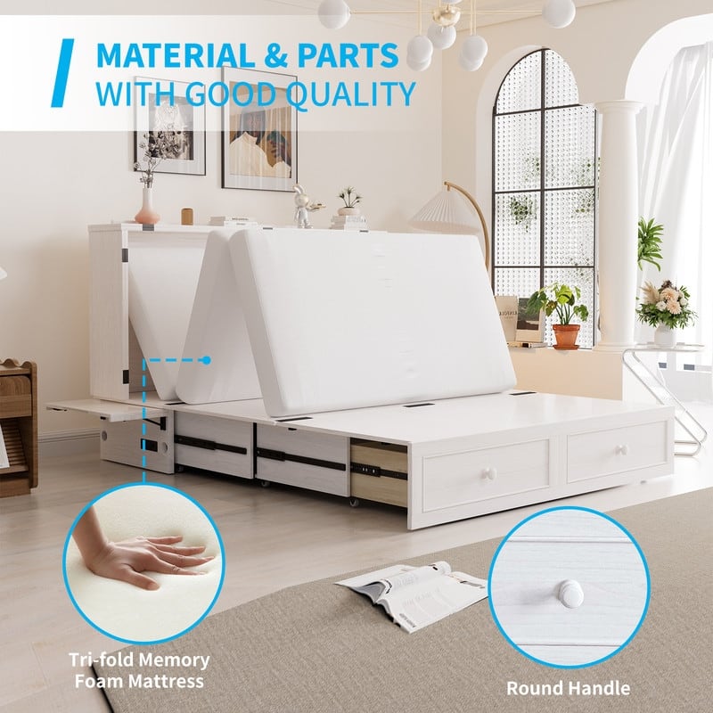 Mixoy Modern Queen Murphy Bed Chest with Foldable Mattress and USB ports