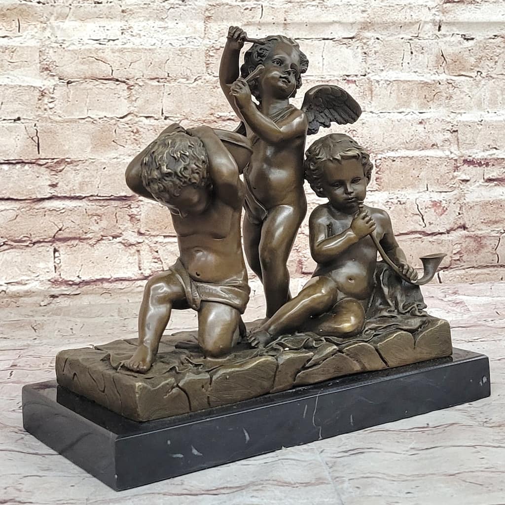 Three Cherubim Winged Cherub Baby Angel Putti Sculpture On Marble Base