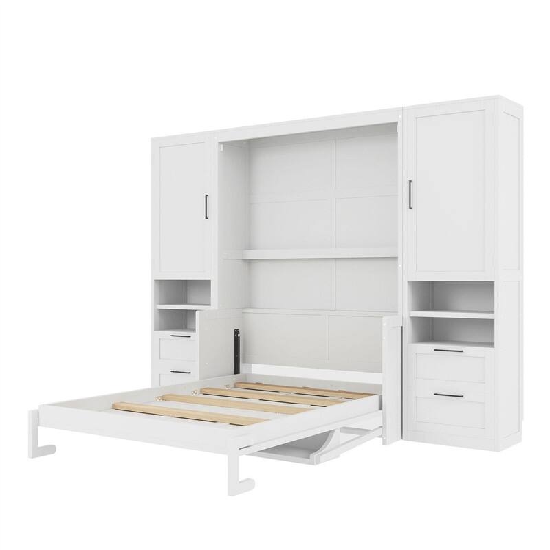 Full Size Murphy Bed Wall Bed with 2 Wardrobes and 4 Storage Drawers, Foldable Space Saving Murphy Cabinet Bed with Open Shelves