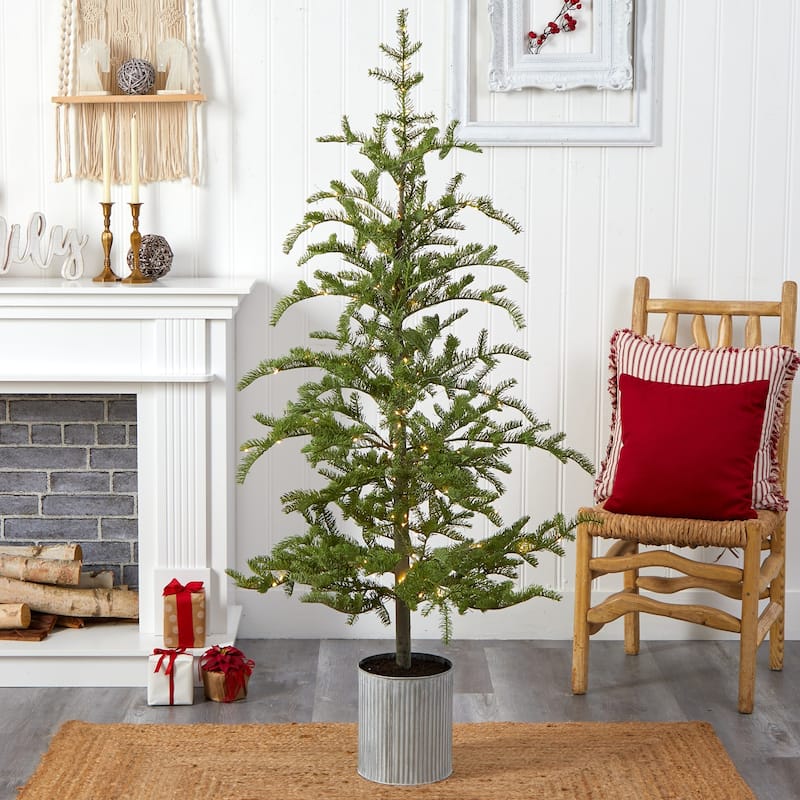 Pre-Lit Artificial Christmas Tree 5.5Ft Pine Tree with Planter & 150 Lights - Green - 66
