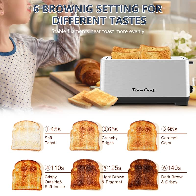 4-Slice Extra Wide Long Slot Toaster, Stainless Steel with Warming Rack, Removable Crumb Tray, 6 Browning Settings