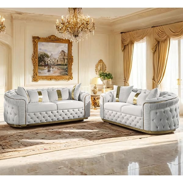 slide 2 of 4, Furniture of America Urgoto Glam 2-Piece Beige Polyester Fabric Button Tufted Sofa Set Beige