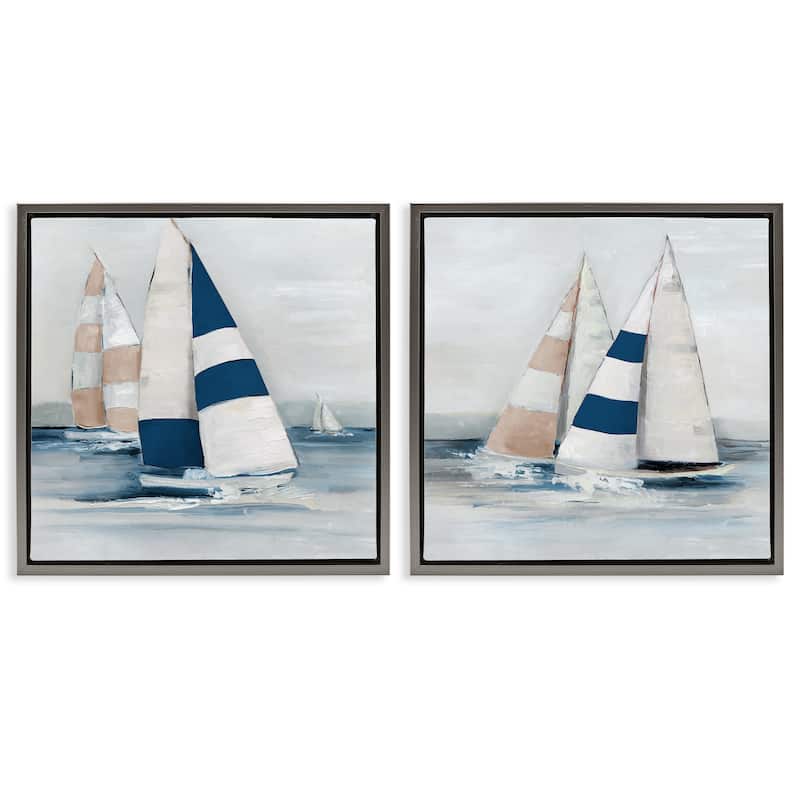 Stupell Sailboat Fleet Voyage Framed Floater Canvas Wall Art Design By Sally Swatland (Set of 2) - 18 x 18 - Grey