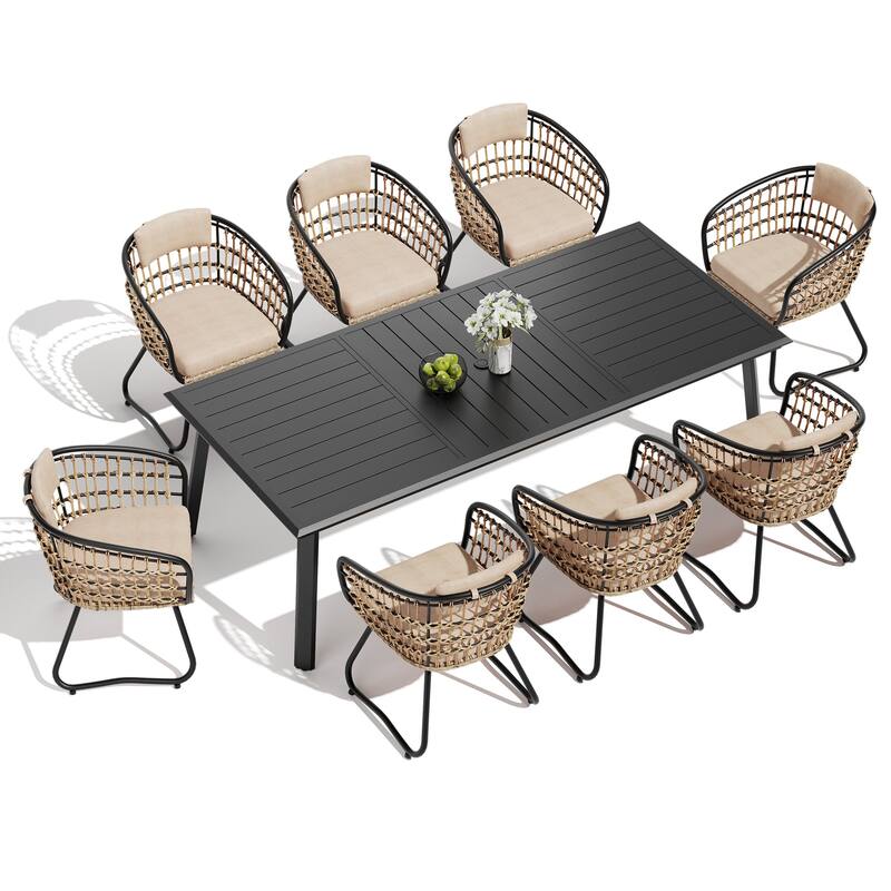 7/9/11-Piece Set Outdoor Aluminum Dining Table with Umbrella Hole and PE Rattan Chairs