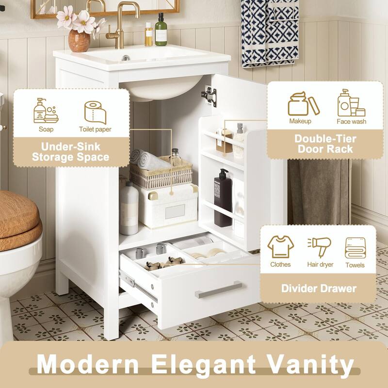 Modern Bathroom Vanity with Ceramic Sink - Soft-Close Drawers, Door Organizer, Divider Drawer