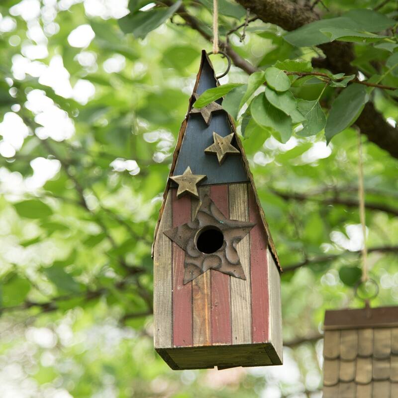 Glitzhome Wooden Patriotic Distressed Garden Birdhouse with Stars