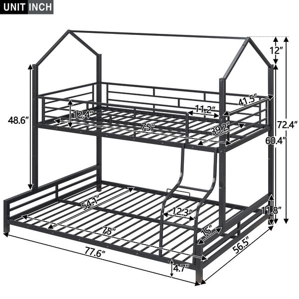 Contemporary Design Metal House Bunk Bed with Roof, Safety and Convenience, Twin over Full, Black