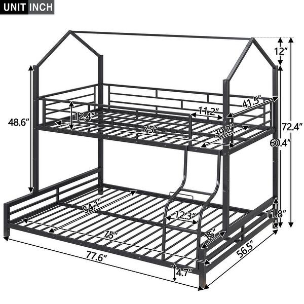 dimension image slide 1 of 3, Heavy Duty Metal Bunk Bed with Ladder and Full-length Guardrail, Convertible 2 Beds, Twin over Full House Bed for Bedroom