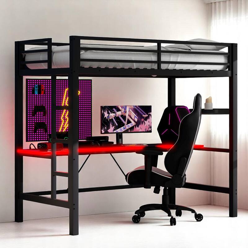 Twin/Full Size Gaming Metal Loft Bed with Desk, Remote LED Light & USB Charging Station - Space-Saving Frame - Black - Twin