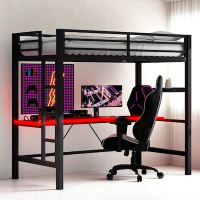 Twin/Full Size Gaming Metal Loft Bed with Desk, Remote LED Light & USB Charging Station - Space-Saving Frame