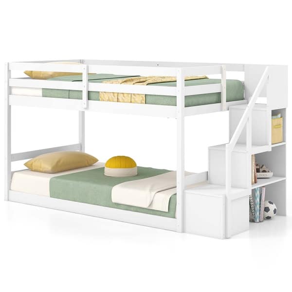 slide 2 of 10, Costway Twin Over Twin Low Bunk Bed Solid Wood Floor Bunk Bed Frame - See Details White - See Details