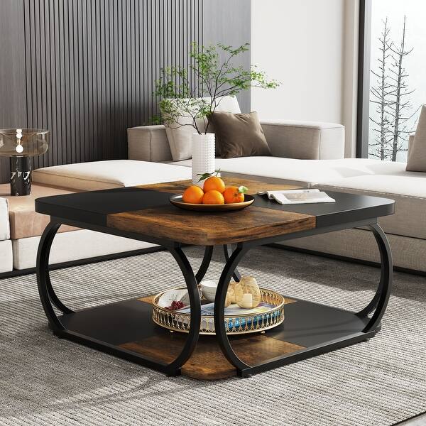 Modern Espresso Square Wood Coffee Table With 2-Tier Shelf - For Living Room, Bedroom, Or Office