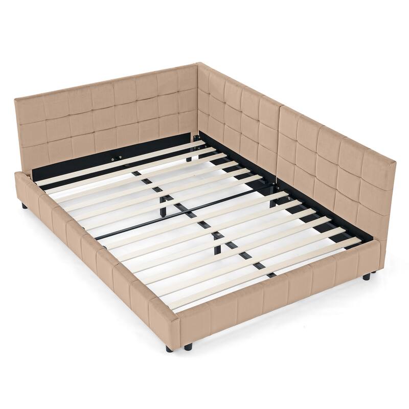 Corner Day Bed Frame, Upholstered Velvet Wooden L-Shaped Sofa Bed with Tufted Design & Wood Slats, Modern Floor Platform Bed