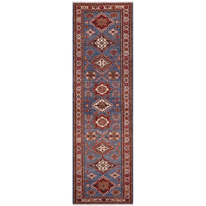 Tribal Super Kazak Seraphina Light Blue/Beige Hand Knotted Wool Runner - 2'8'' x 10'6''