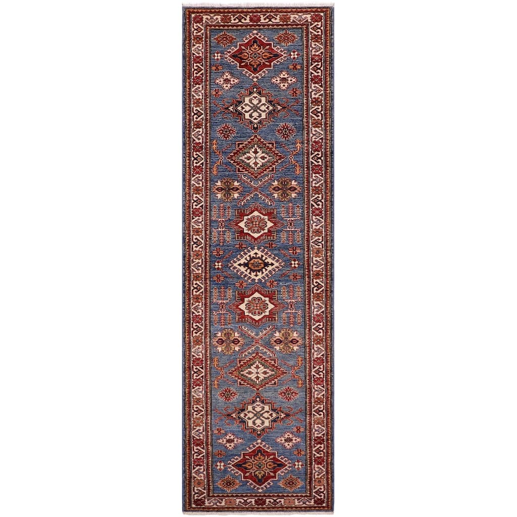Tribal Super Kazak Seraphina Light Blue/Beige Hand Knotted Wool Runner - 2'8'' x 10'6''
