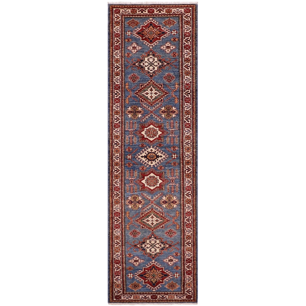 Tribal Super Kazak Seraphina Light Blue/Beige Hand Knotted Wool Runner - 2'8'' x 10'6''