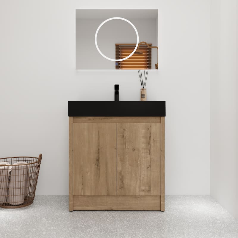 Bathroom Vanity With Sink In 24/30 Inch, Freestanding Bathroom Vanity With Soft Close Door And Adjustable Shelves - 29.5"W x 18.1"D x 35"H - Imitative Oak-Black Basin