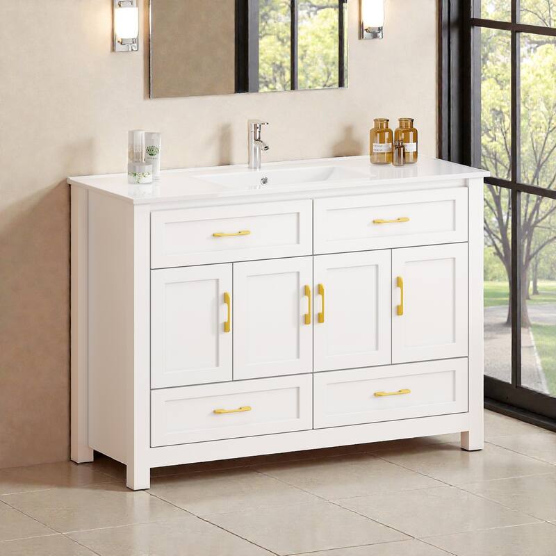 48 Inch Bathroom Vanity with Ceramic Sink Combo, MDF Freestanding Vanity Cabinet with 4 Soft Close Doors and 4 Drawers