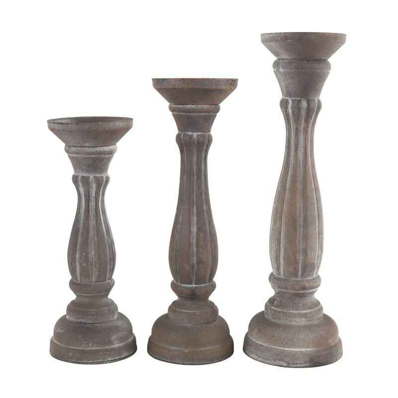 Wooden Distressed Turned Decorative Candle Holder - Set of 3 Gray, Brown, Blue, Green - Roche River Decor