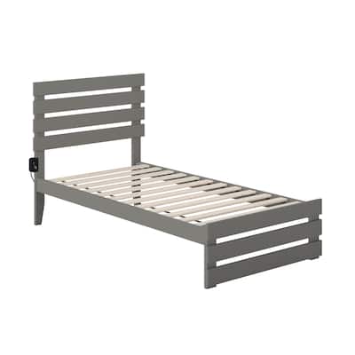 Twin Bed with Footboard & USB Charger - Modern Grey Loft Design, Slat Kit Included, No Box Spring Needed