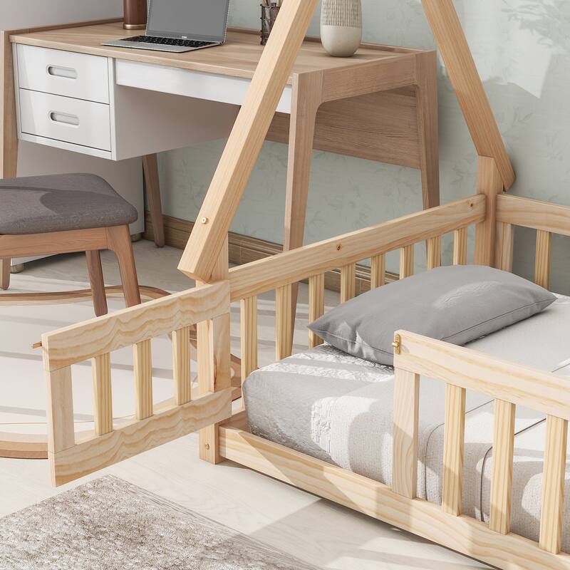 Pine Wood Tent-Shaped Floor Bed with Guardrails and Door