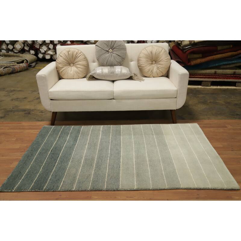 Hand Knotted Oriental 100% Wool Carpet Modern Stripe Green Gabbeh Area Rug - 5' 10'' X 3' 10''