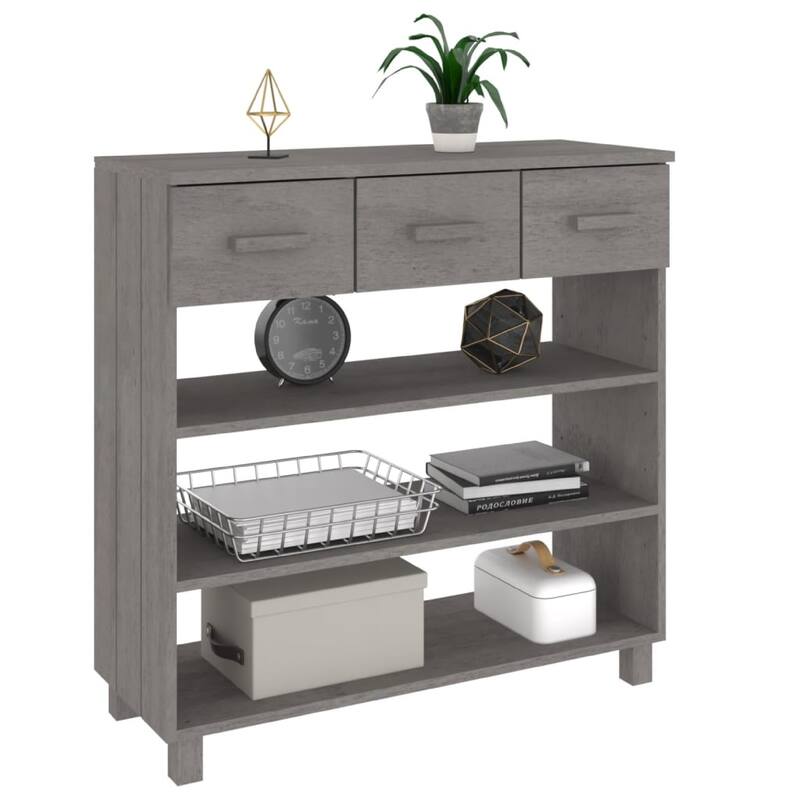 Boir Sofa Console Table, 3 Shelves, 3 Drawers, 35 Inch, Light Gray Wood