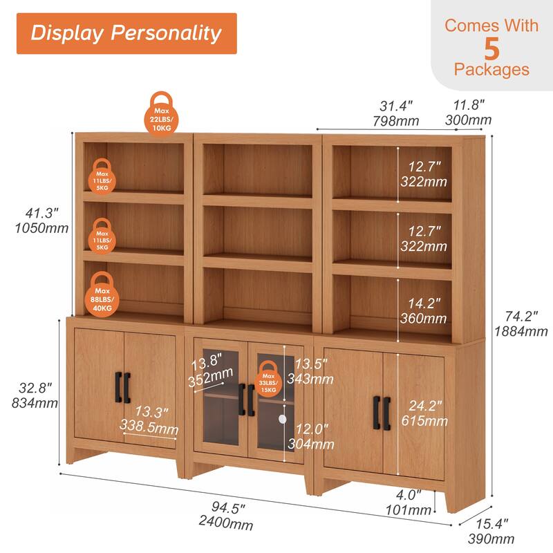 WAMPAT Tall Bookshelf with Doors, Farmhouse Bookcase with Open Shelves for Living Room & Home Office