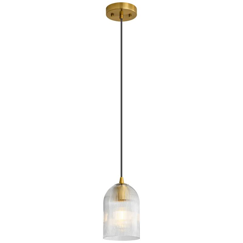 1-Light Modern Rustic Black/Gold Metal Island Pendant Light with Textured Grey/Clear Glass Bell Shade