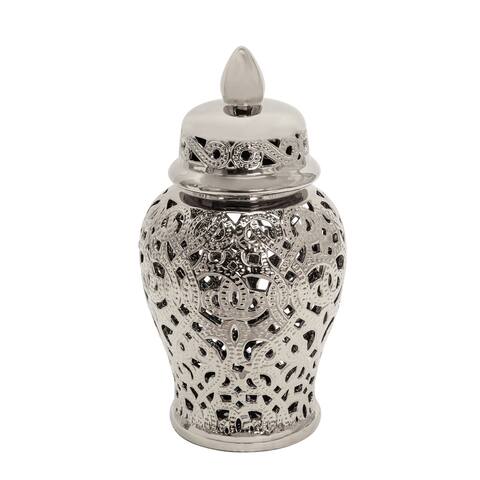 Ceramic 18" Cut-Out Temple Jar, Shiny Silver - 9.45Lx9.45Wx18.11H