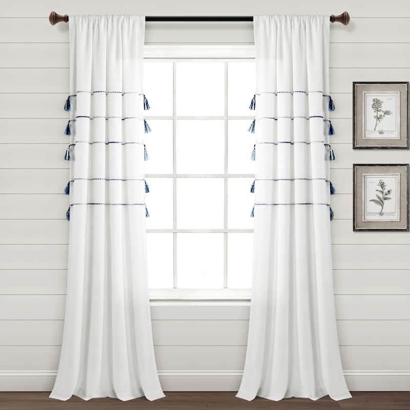 Lush Decor Farmhouse Boho Stripe Woven Tassel Yarn Dyed Cotton Window Curtain Panel Pair - 84 Inches - Navy Ombre