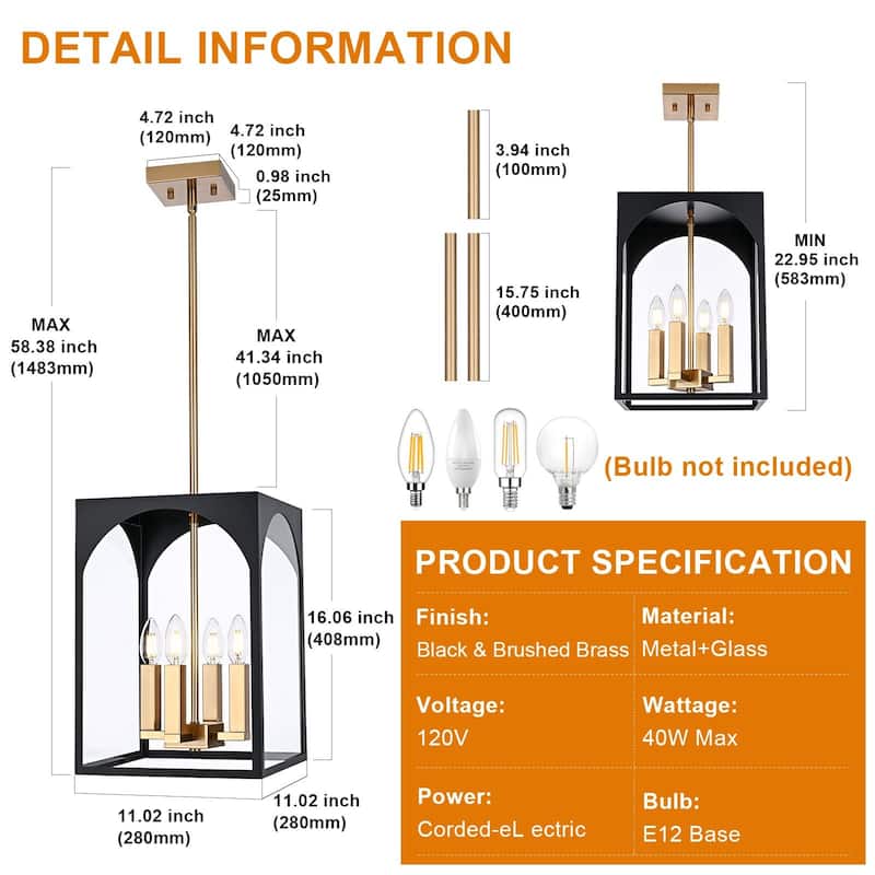 4-LightLarge Outdoor Pendant Light Fixtures, Exterior Hanging Lantern Porch Light Adjustable, Farmhouse Exterior Chandelier