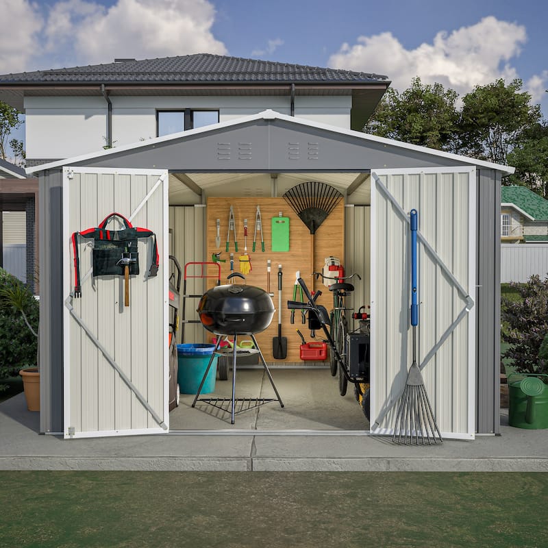 GDFStudio - Cassandra Large 10 x 10 FT Outdoor Metal Storage Shed with Lockable Doors - 10 x 10 FT - Gray