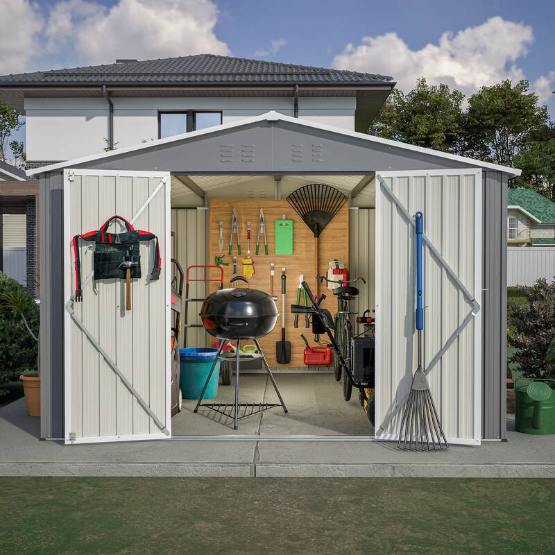Large Outdoor Metal Storage Shed Garden Shed Tool Shed with Lockable Double Doors & Weather-Resistant, Air Vents - Gray