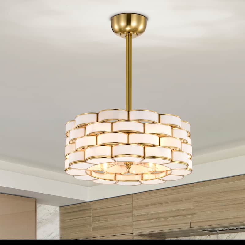 Lighted Ceiling Fan 6-Light Fandelier Brass Trim Opaque Glass Ribbon Weave Shade Remote Control