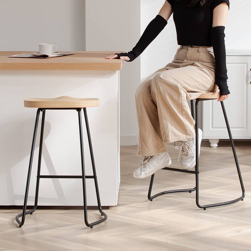 Counter Bar Stools Set of 3, Solid Wood Bar Stool for Kitchen Island 26" Barstool w/Metal Leg Rustic Backless Saddle Seat Stools