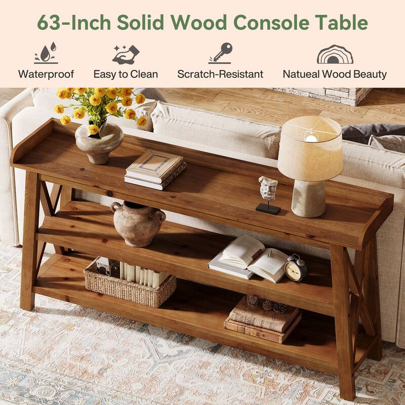 63-Inch Solid Wood Console Table with X-Shaped Frame, 3-Tier Storage - 62.99" L x 13.78" W x 35.83" H