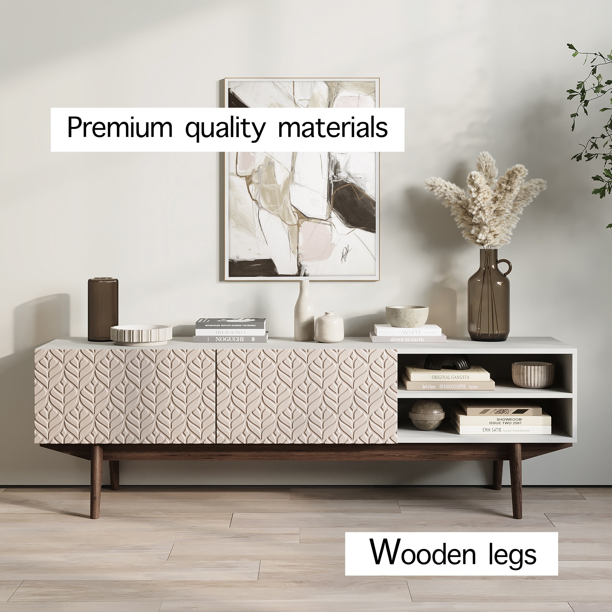 Living Skog Kelly TV Stand Console Fits TV's up to 65 in. with Wood Legs in Mid Century Modern Scandinavian Design