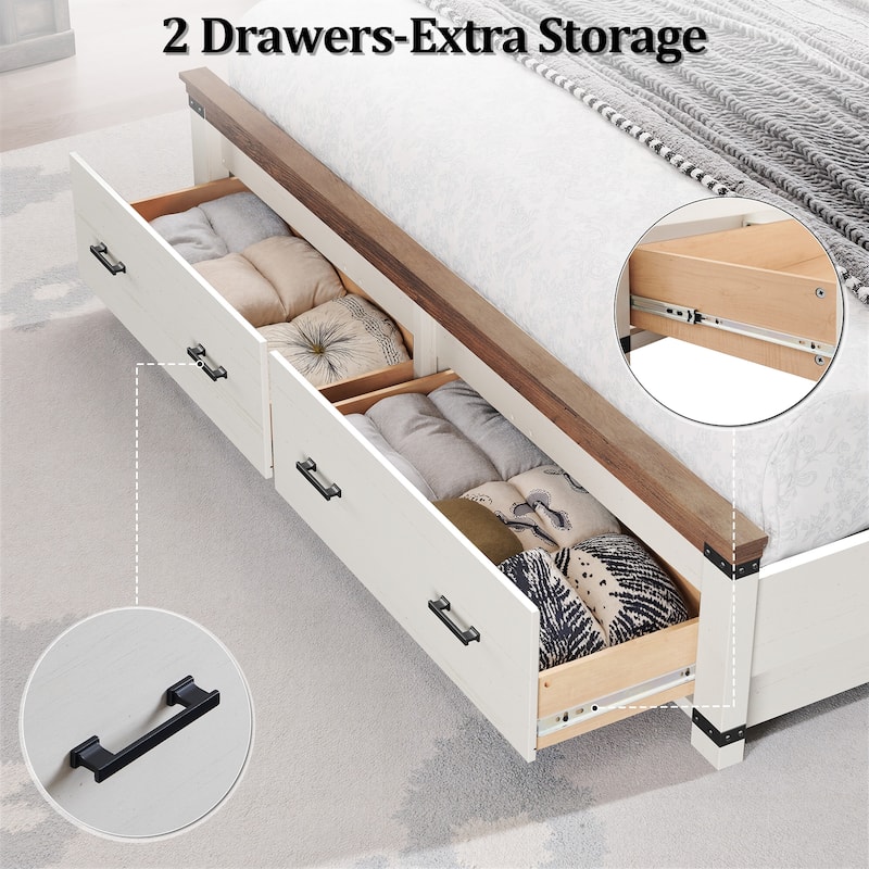 Farmhouse Wood Bed Frame with 54" Tall Headboard, 2 Large Drawers