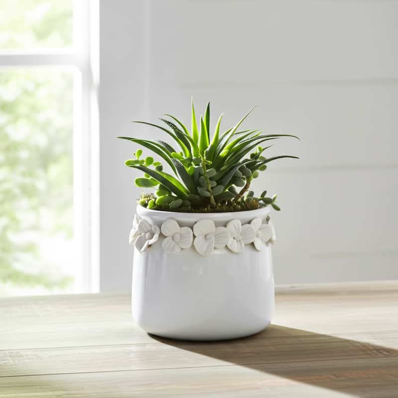 Ceramic Round Planter Sculpted Floral Rim Detail and Drainage Hole