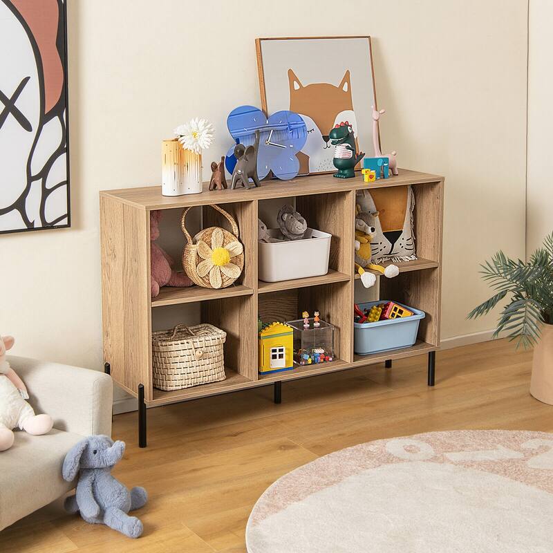 Modern Open Back Engineered Wood 6-Cube Bookshelf with 2 Adjustable Shelves and Metal Legs - 47" x 14" x 31.5" (L x W x H)