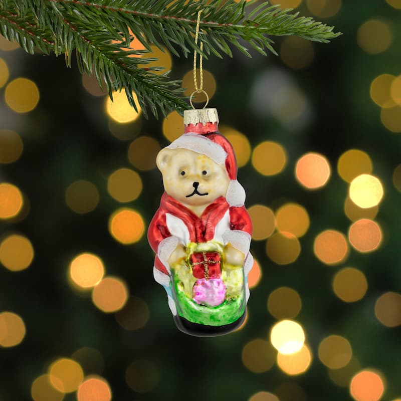 Santa Bear with Gift Bag Glass Christmas Ornament - 3.25" - Red