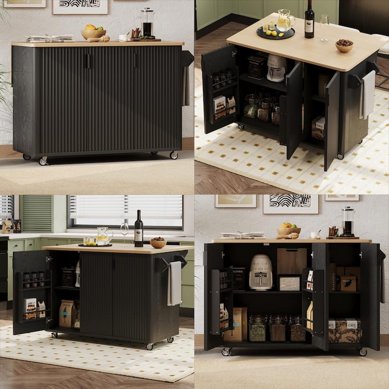 Fluted Kitchen Island with Drop Leaf, Mobile Kitchen Island on Locking Wheels, Rolling Kitchen Cart with Towel Rack