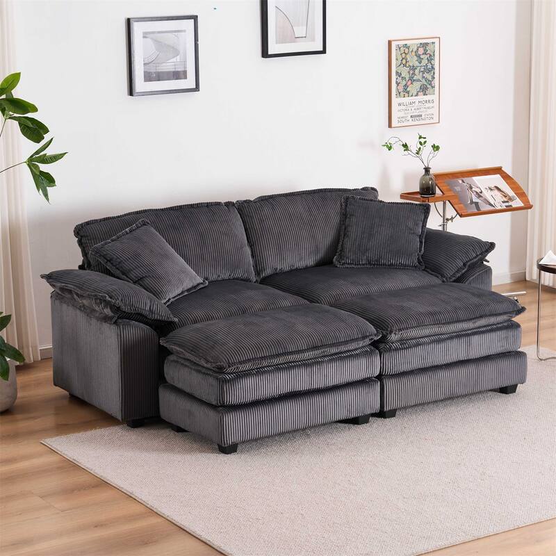 Modern 2-Seater Corduroy Sofa with 4 Support Pillows and 2 Ottomans