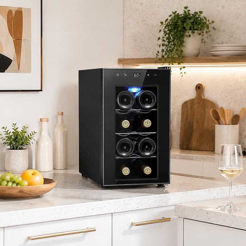 Yeego 10.2 inch 8-Bottle Thermoelectric Wine Cooler, Countertop Refrigerator with UV-Protected Glass